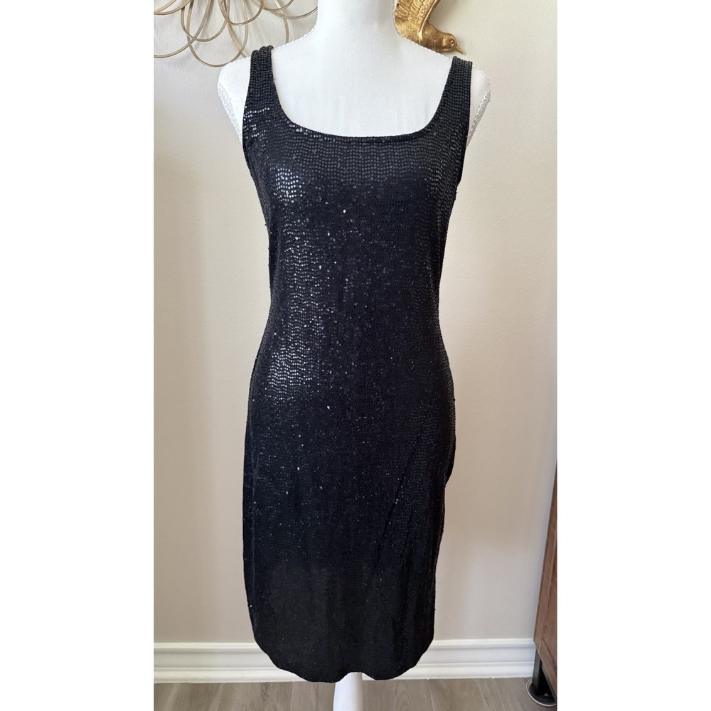 Bebe Black Sequin Midi Dress Sleeveless Square Neck Stretch Made USA L